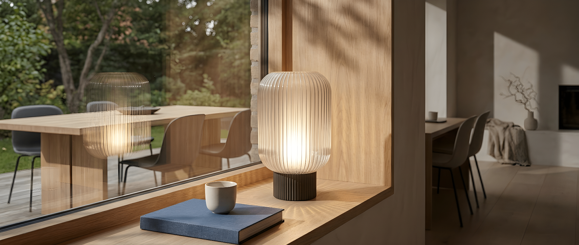 The Altus table lamp on a wooden windowsill